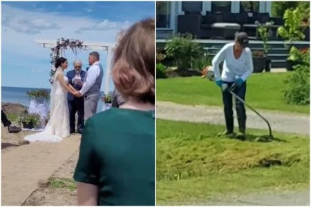 Vizinha “destrói” casamento ao cortar grama em meio à cerimônia; vídeo