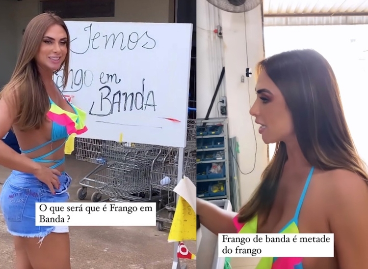 Em Parintins, Nicole Bahls se intriga com frango em banda e diverte internautas